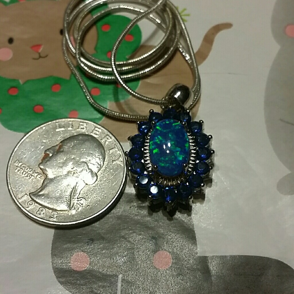 SOLD Created Blue Fire and Sapphire Halo Necklace